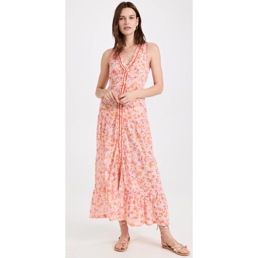 Poupette St Barth Nana Pink Floral Cotton Tiered Maxi Dress Sleeveless Boho M